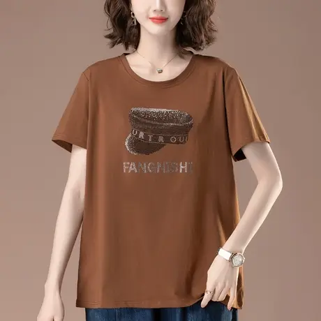 夏季新款短袖t恤女加肥加大码女装宽松中年妈妈休闲烫钻遮肚体恤商品大图