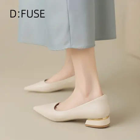 Dfuse迪芙斯尖头浅口米白单鞋女2025春季新款粗跟温柔百搭工作鞋图片