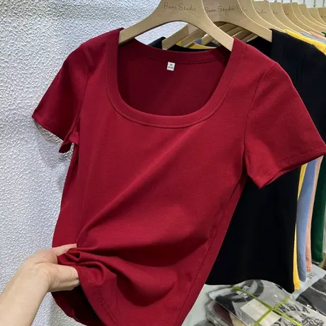KWV真维斯红色上衣打底内搭正肩短袖t恤女2025新款夏日ootd穿搭商品大图