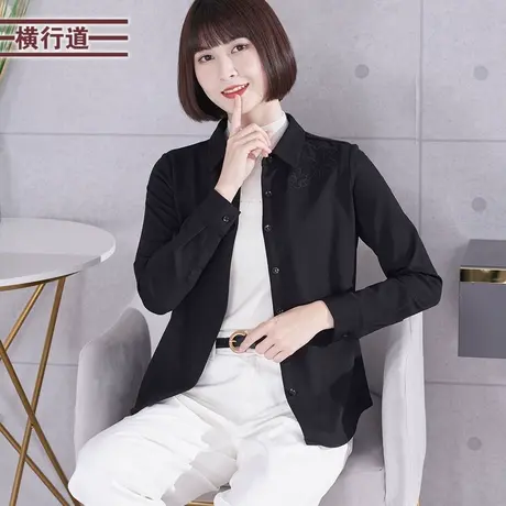 2023冬季新款黑色衬衣外套女士休闲长衣宽松上衣休闲刺绣衬衫外穿商品大图