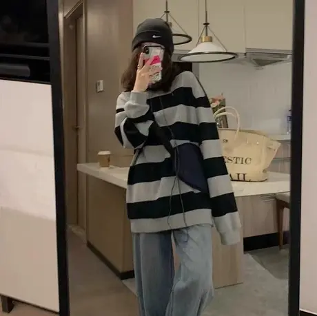 薄款套头黑灰条纹卫衣女2021春秋新款宽松显瘦慵懒风chic大码女装图片