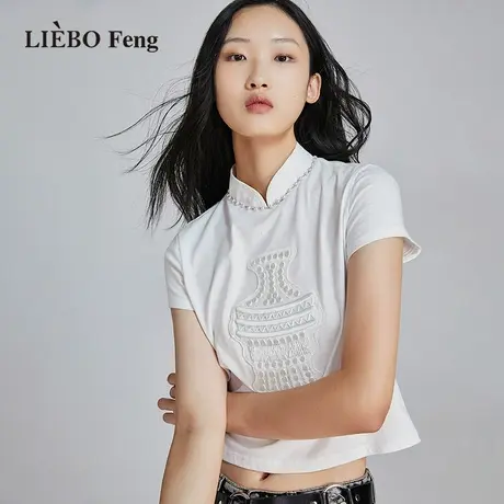 裂帛LIEBOFeng2023年夏设计师新中式国风立领盘扣刺绣短袖T恤商品大图