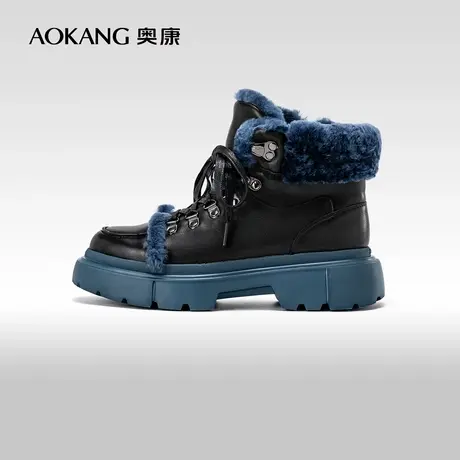 【运动皮鞋】奥康女鞋 冬季加绒保暖牛皮马丁靴休闲百搭女靴图片