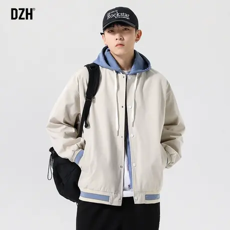 男士卡其色外套男连帽假两件棒球服春秋潮牌2023新款休闲宽松夹克商品大图