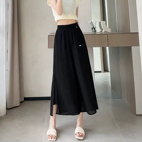 黑色冰丝阔腿裙裤女夏薄款高腰垂感宽松显瘦八分九分新中式阔腿裤商品大图