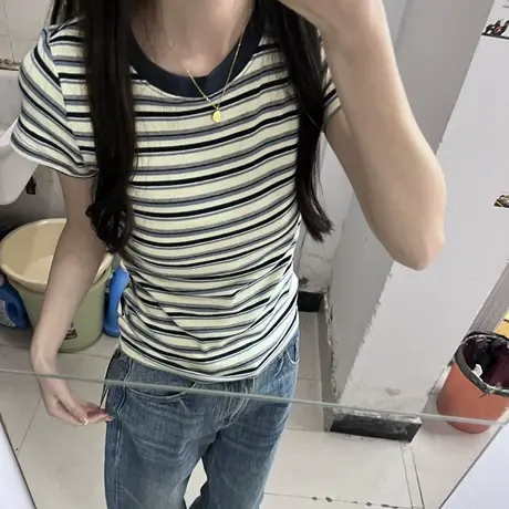 短款小个子短袖T恤女2025夏季新款韩版修身撞色条纹正肩半袖上衣商品大图
