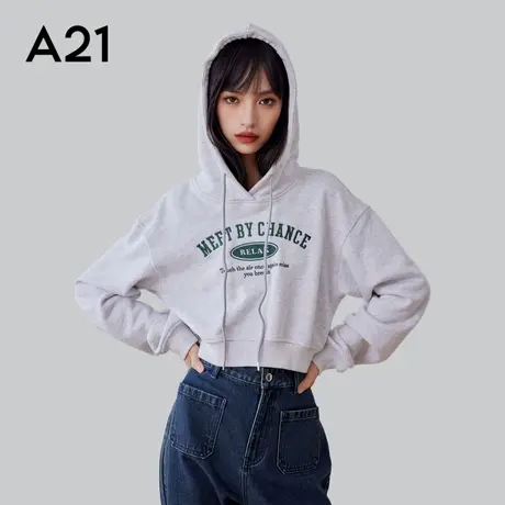 A21A21女装针织宽松合体连帽落肩长袖落肩卫衣短装衫套头上衣商品大图