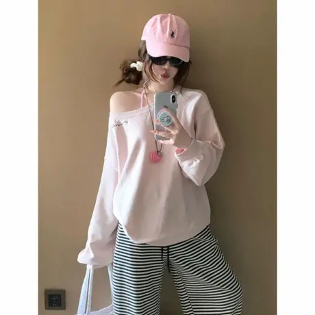 美式复古粉色斜领卫衣女早秋新款甜美独特别致斜肩露肩chic上衣潮商品大图