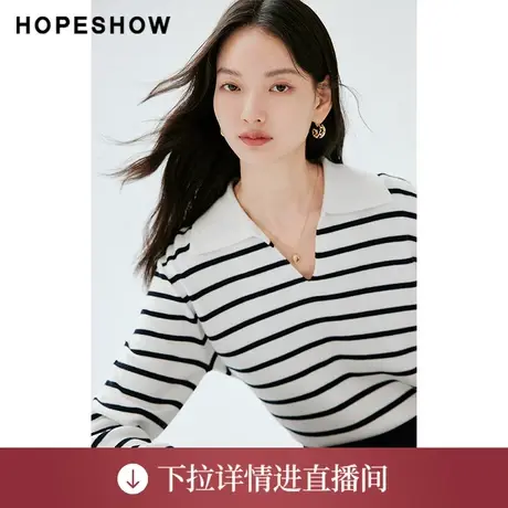 【直播专享】秋季女装条纹落肩V字翻领套头针织衫90123320101红袖图片