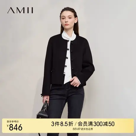 Amii2025冬极简轻奢香风圆领绵羊毛双面呢长袖宽松短款排扣外套女商品大图