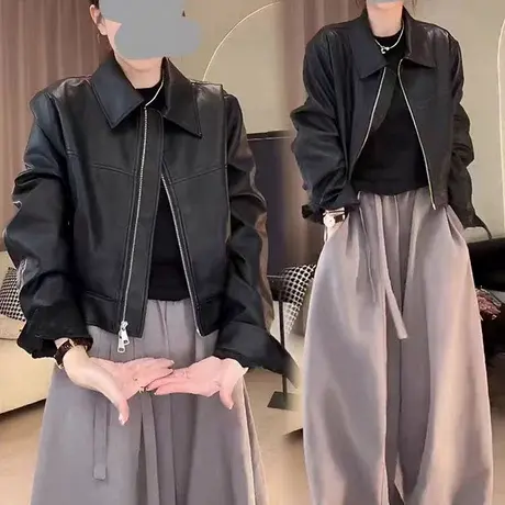 高级感酷飒翻领机车服皮衣外套女2025早秋新款宽松小个子短款上衣商品大图