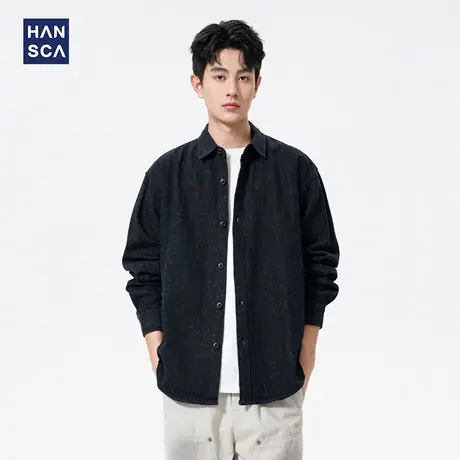 hansca蓝色亚麻衬衫男长袖2025新款秋季休闲高级感痞帅领衬衣外套商品大图