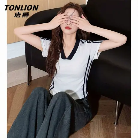 唐狮官方撞色短袖t恤女2026新款夏季女士修身显瘦短款正肩上衣VB图片