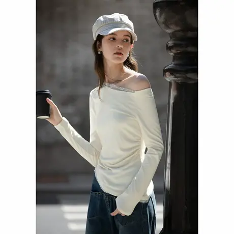 唐狮春秋女一字领假两件蕾丝拼接针织打底衫上衣秋冬可外穿TA商品大图