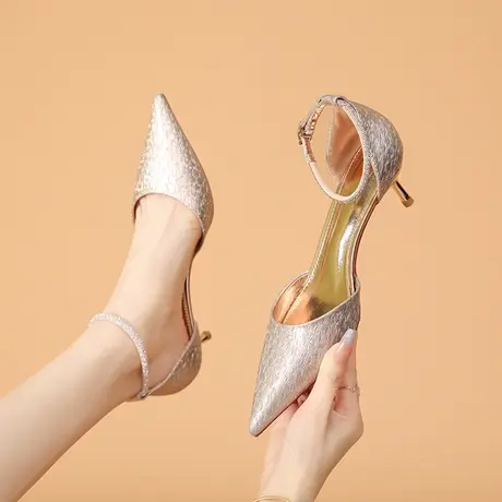 香槟色法式高跟鞋女细跟2023新款尖头水钻一字扣带气质女神范单鞋商品大图