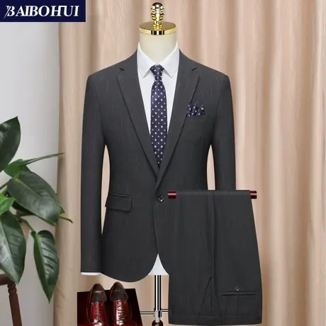 新郎西服套装男士伴郎礼服修身时尚高档条纹西装职业商务正装上班商品大图