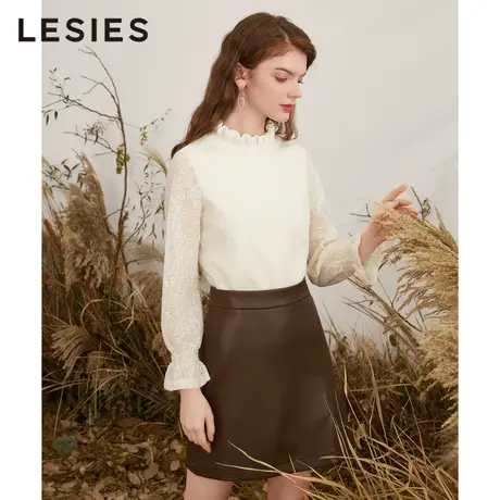 LESIES蓝色倾情春秋女装罗纹高领花朵百搭淑女长袖上衣套头打底衫商品大图