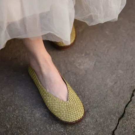 Artmu阿木原创复古手工真皮编织浅口单鞋女平底奶奶鞋豆豆鞋新款图片