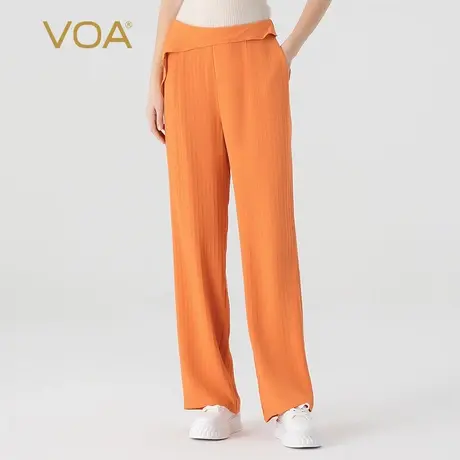 VOA41姆米桑蚕丝无界香橙色自然腰不对称设计口袋百搭真丝直筒裤图片