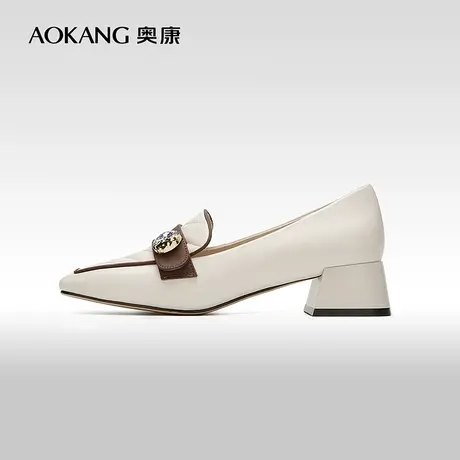 【门店发货】奥康女鞋 2023春秋季真皮单鞋柔软方头粗高跟气质商品大图