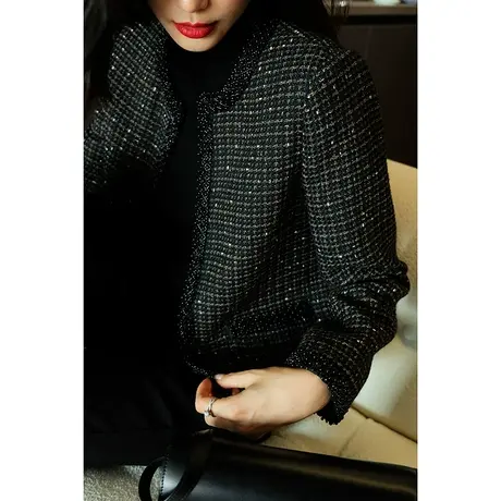 23秋冬新款女装小香风优雅气质百搭修身粗花呢钉珠女士上衣短外套商品大图