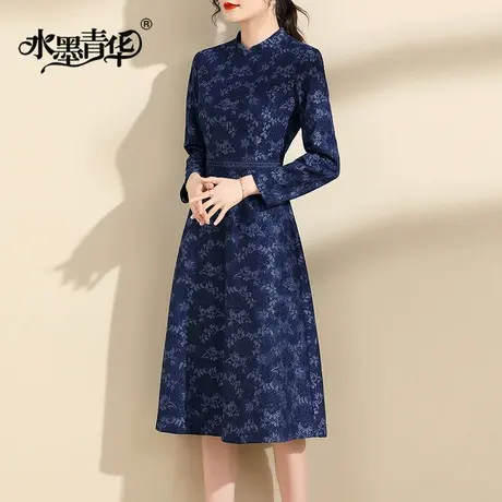 水墨青华女装春季新品修身显瘦复合蕾丝裙时尚百搭打底连衣裙图片