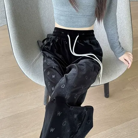 黑色金丝绒窄版阔腿裤女秋冬季新款高腰垂感时尚设计感印花拖地裤商品大图