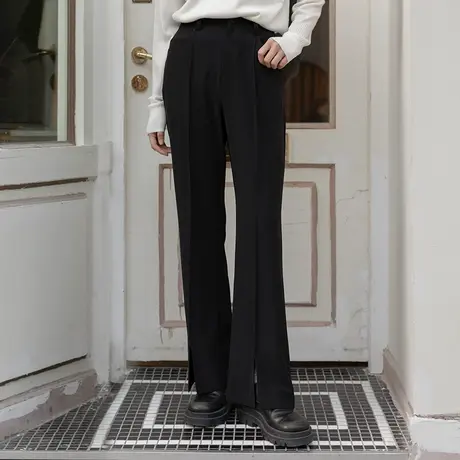 omont蛋挞家 复古高腰开衩微喇裤女春季显瘦垂感长裤休闲裤裤子商品大图