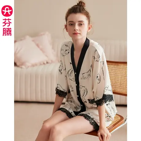芬腾短袖睡衣女夏季冰丝薄款开衫V领宽松大码仿真丝绸家居服套装商品大图