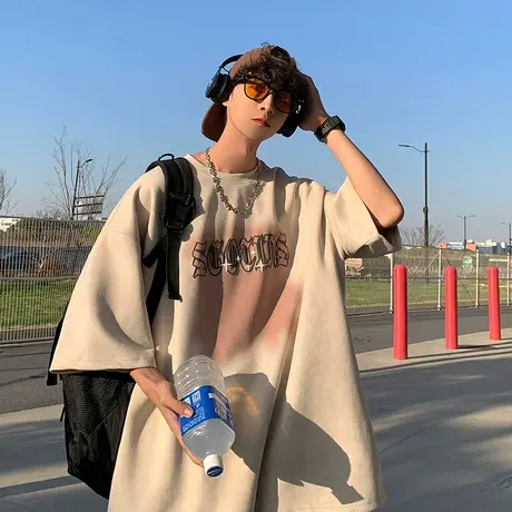 美式夏季复古重磅麂皮绒短袖T恤男女设计感晕染印花高街情侣上衣商品大图