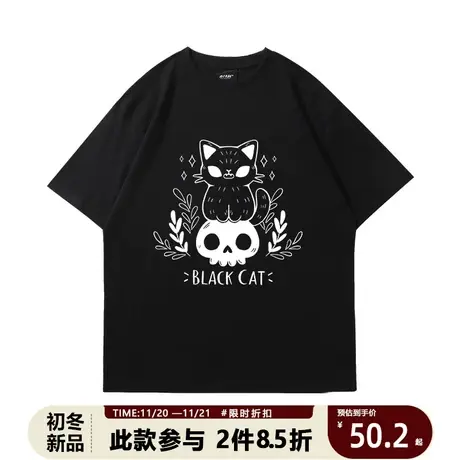 美式复古夏季卡通动漫小猫黑色短袖落肩t恤女暗黑风宽松半袖体恤商品大图