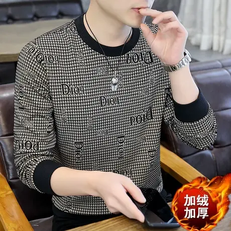 加绒t恤男士冬季长袖加厚卫衣潮流保暖打底衫秋衣千鸟格上衣男装商品大图