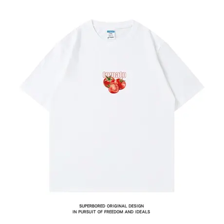 夏季简约趣味番茄西红柿印花短袖t恤男纯棉宽松休闲半袖体恤衫商品大图