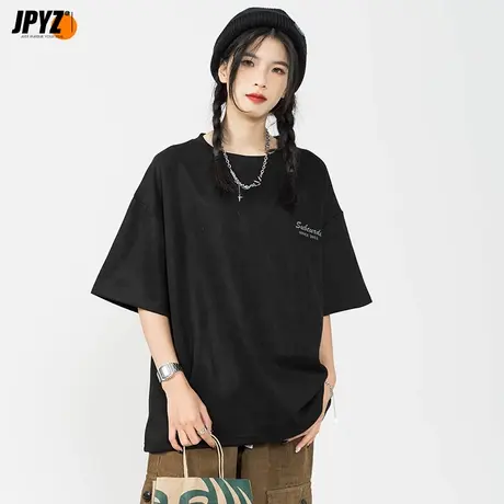 美式高街麂皮短袖T恤男夏宽松oversize街头流行做旧圆领国潮上衣图片