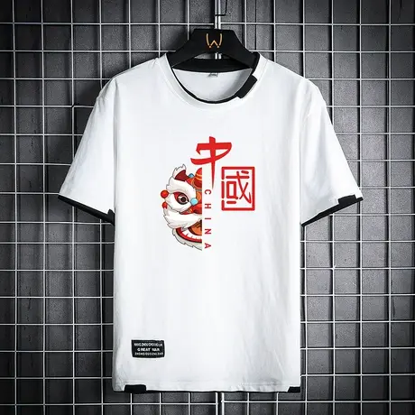 2023年国风夏季新款潮牌棉感短袖t恤男士青少年宽松假两件上衣服商品大图