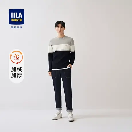 HLA/海澜之家2023圆领长袖针织衫镶拼套头加厚修身保暖上衣男图片