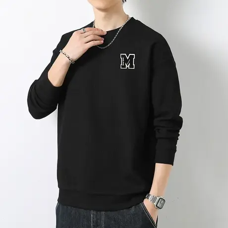 男士卫衣华夫格潮牌秋冬款黑色无帽上衣宽松潮流百搭圆领长袖t恤商品大图