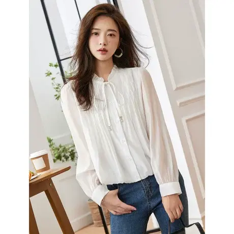 时尚气质天丝长袖衬衫2023年早秋新款淑女温柔显瘦通勤立领上衣商品大图