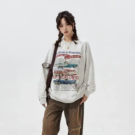 YEP复古套头无帽卫衣女春秋2024年新款美式潮牌宽松内搭圆领上衣商品大图