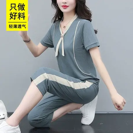 恋上17号运动套装女夏季2023新款女士韩版宽松休闲服时尚V领薄款商品大图