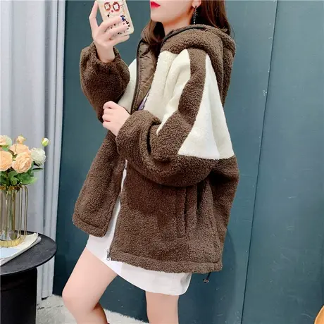 加绒加厚羊羔毛外套女2021年冬季新款韩版宽松慵懒风减龄拼色上衣图片