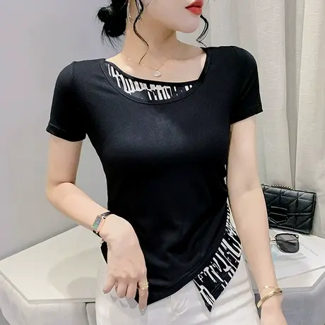 设计感假两件T恤女短袖2024夏装新款不规则开叉小衫时尚拼色上衣图片