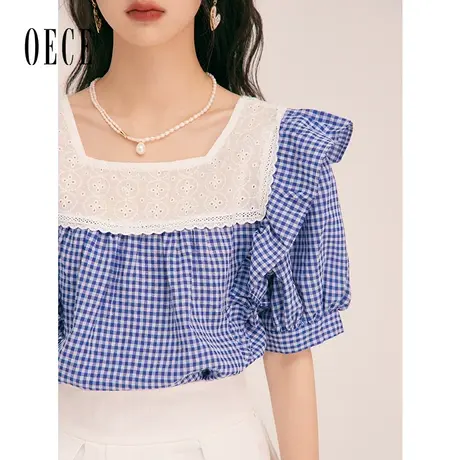 Oece复古格纹短袖衬衫春夏新款女装设计感小众上衣气质衬衫图片