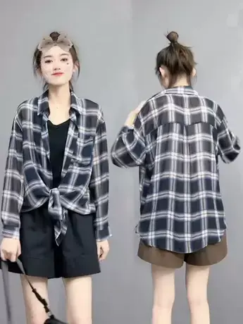 2023夏季新款薄款格子防晒衬衫女胖mm宽松遮肉显瘦POLO领黑色上衣商品大图