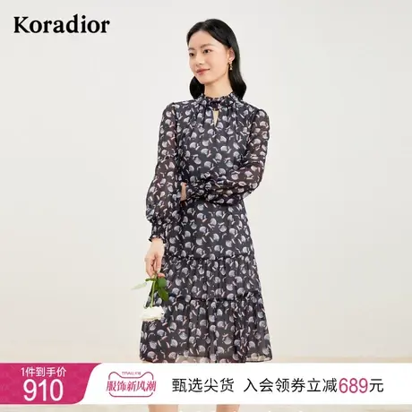 珂莱蒂尔早秋新款长袖印花连衣裙女中长款气质通勤法式碎花裙子图片