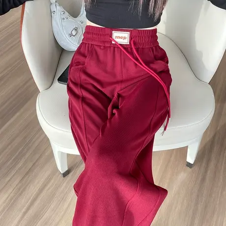 红色针织阔腿裤女秋季新款宽松高腰显瘦直筒休闲垂感窄版阔腿裤子商品大图