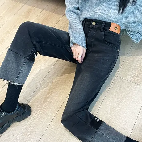 直筒牛仔裤女秋冬2024新款高腰加绒加厚保暖九分小个子渐变烟管裤图片