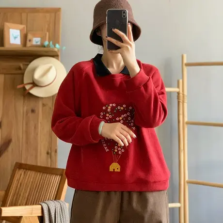 dza 复古宽松polo领休闲加绒卫衣女士2023冬新款纯棉内搭显瘦上衣图片