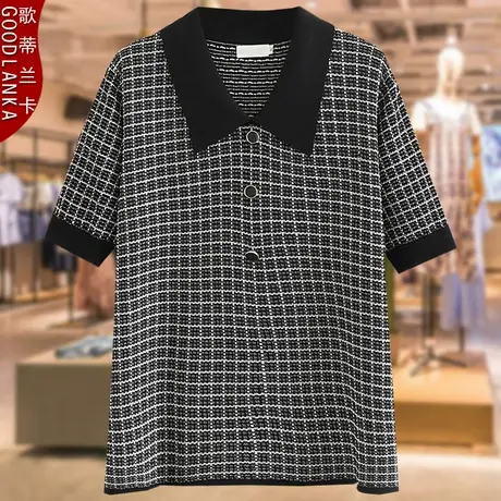 夏装新款中年妈妈装洋气千鸟格上衣时尚POLO领大码女针织棉麻T恤商品大图