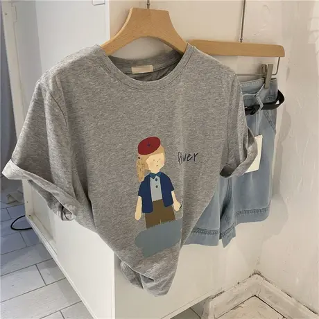 短袖t恤女2021夏季新款韩版宽松日系复古撞色印花宽松减龄上衣潮商品大图